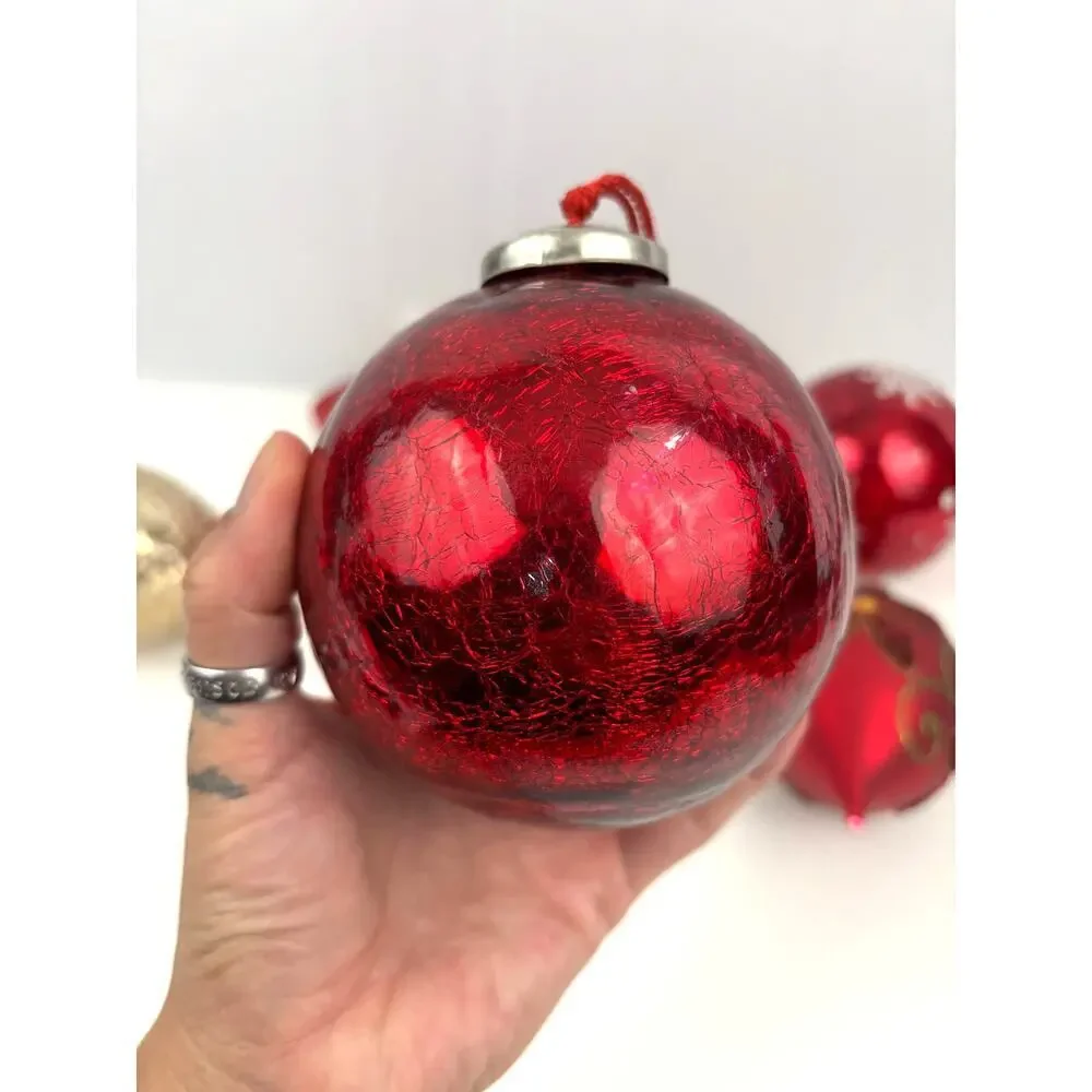 VTG Lot of 6 Glitter Glass Ornaments Round‎ Sphere Red Gold Heavy Tree Decor